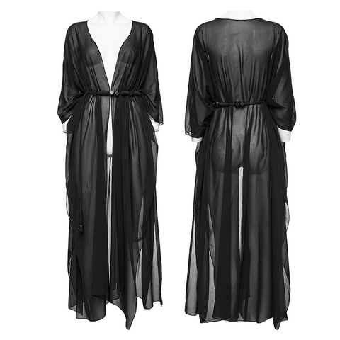 Luxe Black Flowy Long Chiffon Cape with Belt for Women.