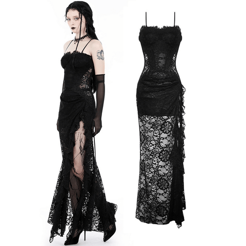 Long Black Formal Lace Dress with High Slit for Lady.