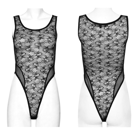 Punk Style Black Lace Bodysuit with Spiderwebs.