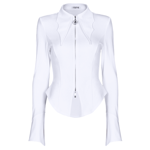 Modern Goth Daily Shirt: White Flare-Sleeve Zip Blouse.