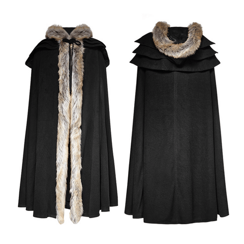 Enigmatic Gothic Wool Collar Long Cloak - Fur Accents.