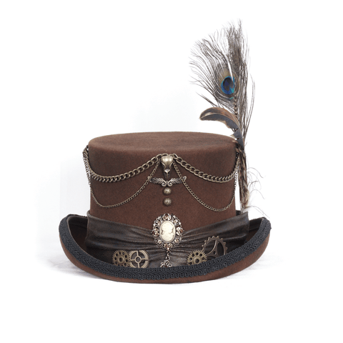 Victorian-Inspired Brown Steampunk Hat with Chains and Cameo.