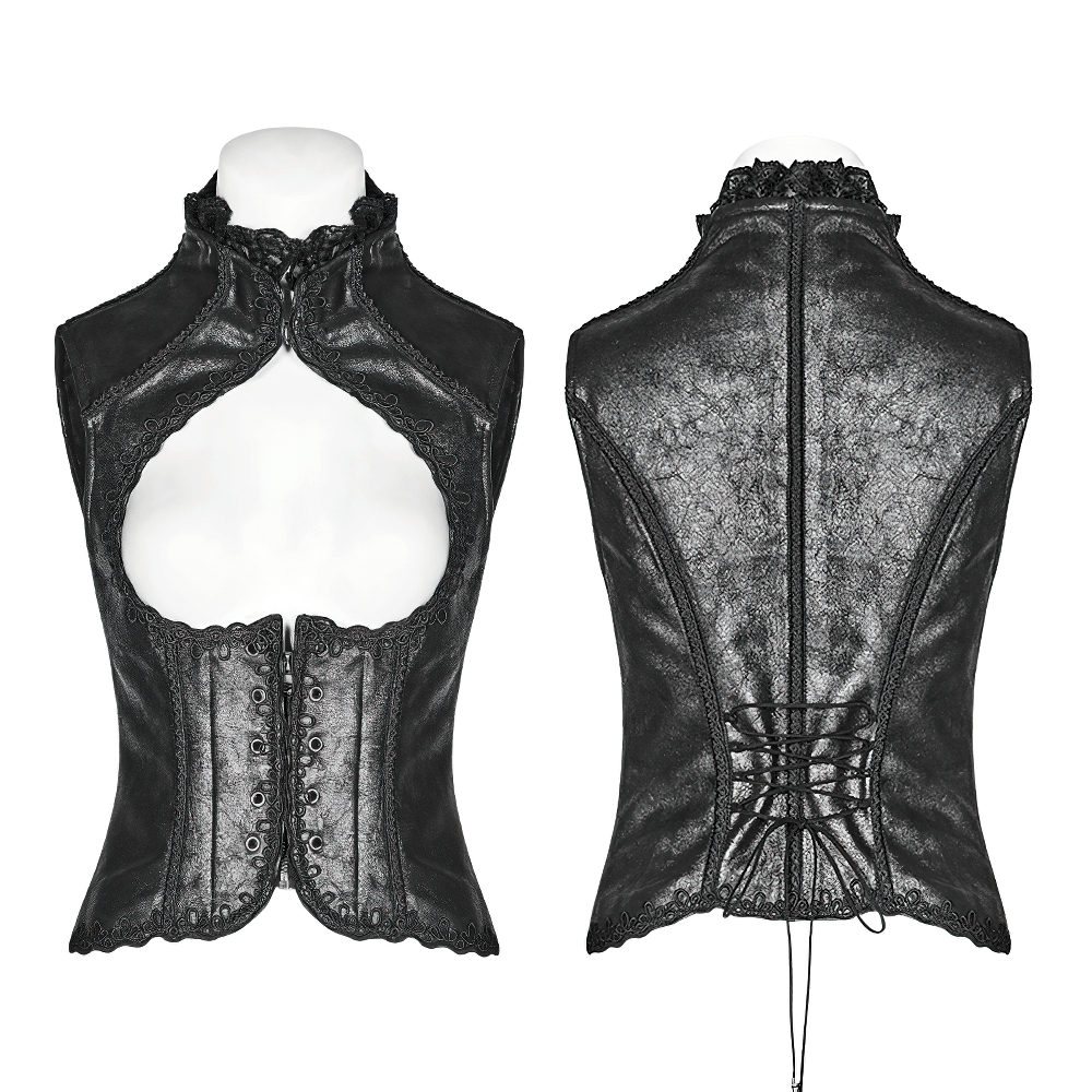 Steampunk Black Lace-Up Front Waistcoat with Lace Detailing.