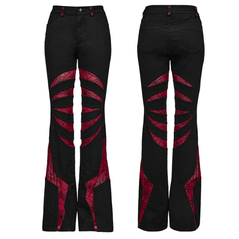 Goth Pants: Red Spiderweb Flare and a Skull Accent Button.
