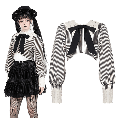 Cute Striped Puff Sleeves Crop Top with Bow for Women.