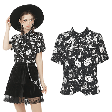 Gothic Lolita Blouse with Cat Print - Perfect for Dark Hearts.