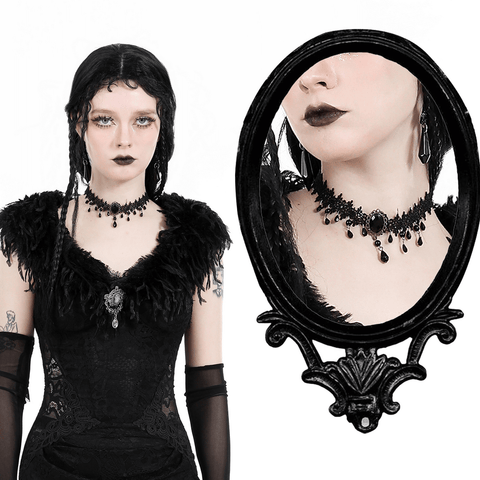 Gothic Black Lace Choker Necklace with Beads.