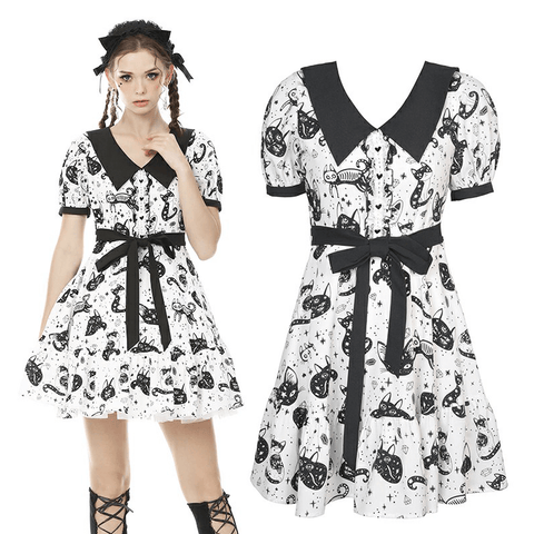 Chic Feline Patterned Dress with Elegant Ties.