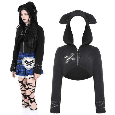 Edgy Black Cropped Hoodie Features Dog Ears and Spikes.