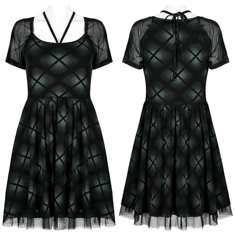 Dark Plaid Gauze Spliced Dress: Edgy Elegance for Fall.
