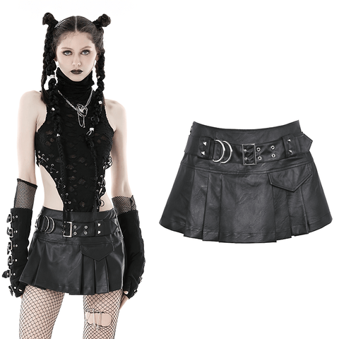 Gothic Punk Mini Skirt: Edgy Pleats and Metal Buckle Detail.