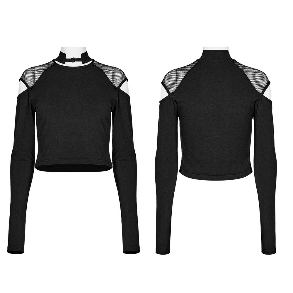 Long-Sleeve Punk Rave Crop Top with Mesh Accents.