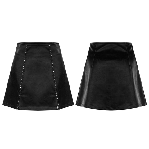 Slit Leather Mini Skirt: Gothic Rivet Details.