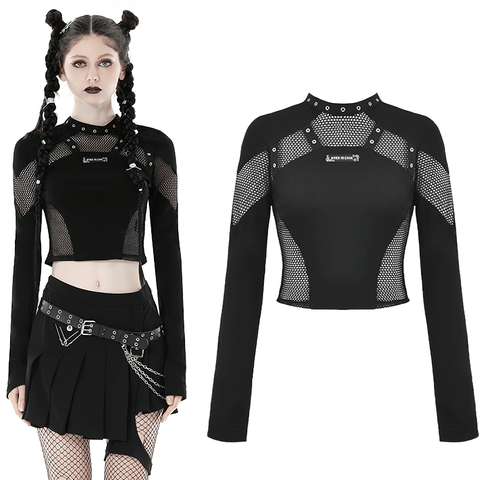 Edgy Chic: Black Mesh Long Sleeves Crop Top with Cutout Details.