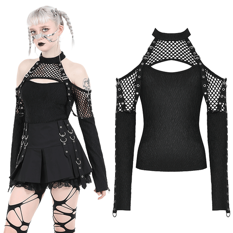 Edgy Black Lace Top with Cutouts and Adjustable Sleeves.
