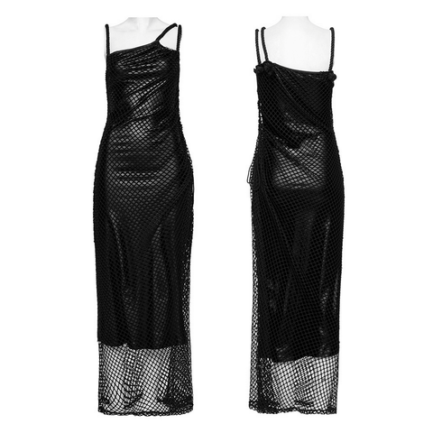 Slinky Black Long Dress with Mesh and Asymmetric Strap.