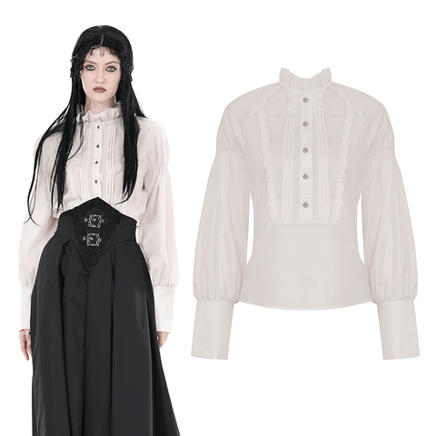 Victorian-Inspired Shirt with Puff Sleeves and Ruffle Collar.