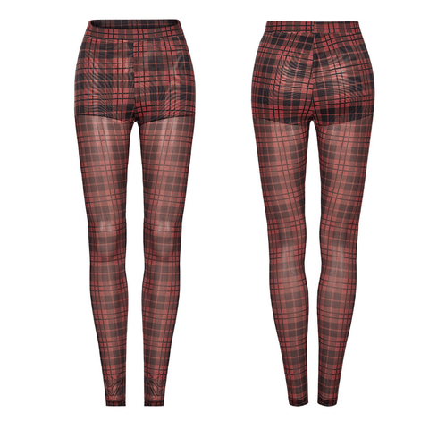 Red Tartan Punk Simple Leggings for Edgy Style.