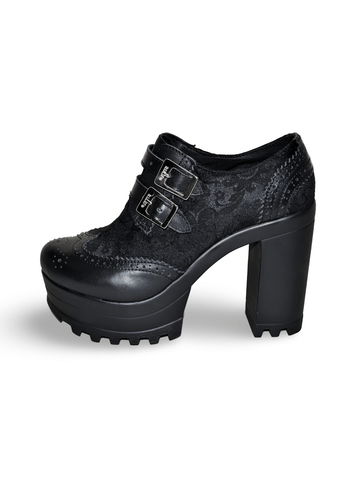 Women's Textile and Leather Black Booties with Buckles.