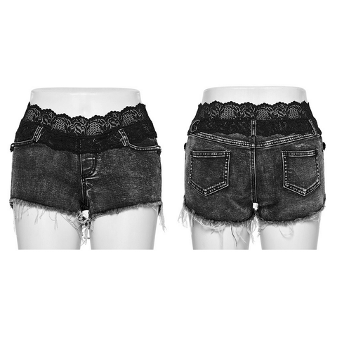Women's High-Waisted Denim Shorts with Elegant Lace Detail.