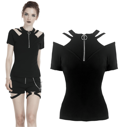 Edgy Black Off-the-Shoulder T-shirt with Features Bold Zipper Detail.
