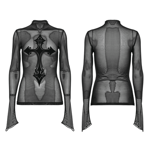 Goth Sexy Top with Bold Cross Flock and Mesh Design.