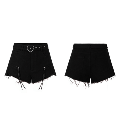 Edgy Black Shorts with Heart Buckle and Zipper.