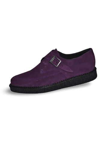 Pointy Toe Buckle Creeper in Purple Suede.