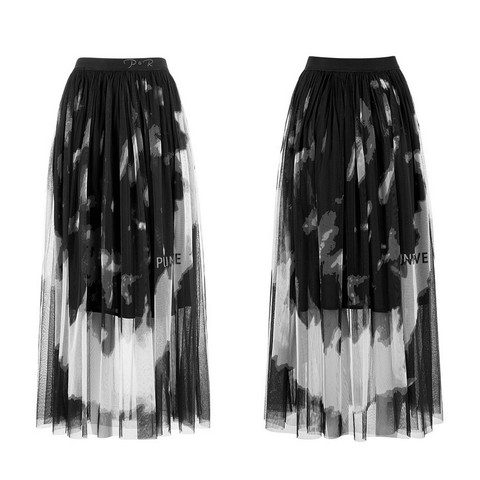 Street Style Black and White Tie-Dye Pleated Midi Skirt.