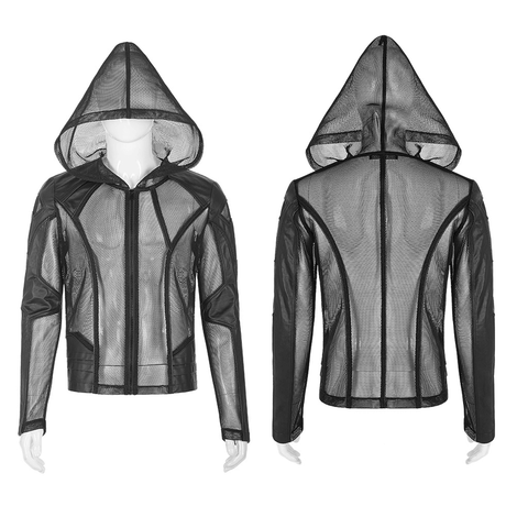 Avant-Garde Punk Mesh Hoodie with Leather Accents.