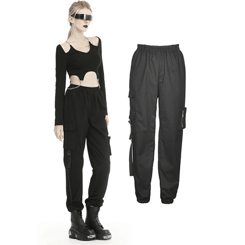 Functional Black Cargo Trousers with Adjustable Drawstrings.