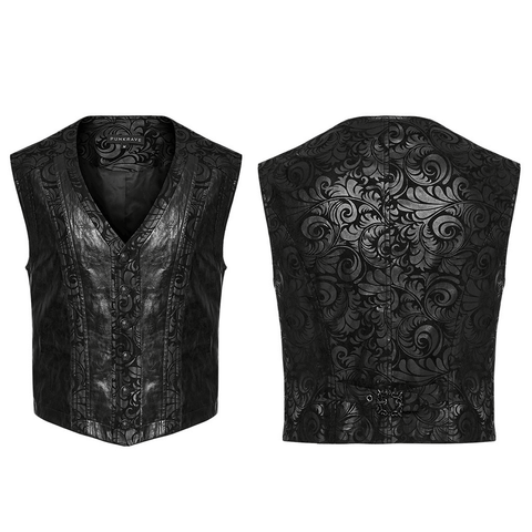 Embossed Goth Printed Waistcoat - Suede and Leather V-Neck.