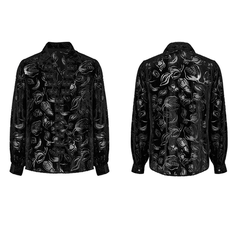 Goth Piranha Pattern Velvet Shirt | Luxe Flocked Design.
