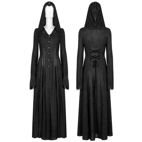 Gothic Cut-Out Applique Coat, Hooded Lace Maxi.
