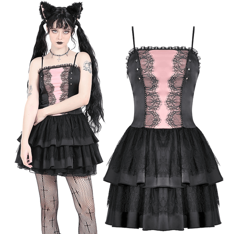 Elegance Gothic Black Pink Lace Mini Dress with Ruffles.