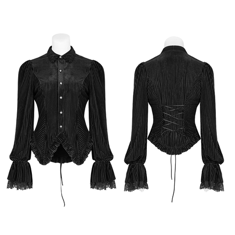 Vintage Gothic Black Velvet Shirt - Lace Detail.