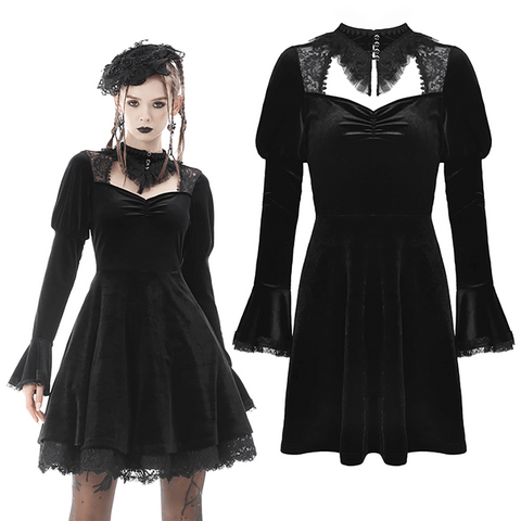 Velvet Gothic Dress: Lace Accents and Spooky Vibes.