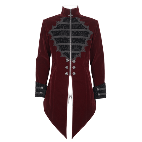 Men's Vintage Gothic Elegance - Wine Red Cross Tail Coat.