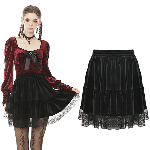 Witchy Darkwear: Tiered Mini Skirt with Velvet and Lace.