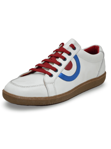 Unisex White Platform Sneakers with Red and Blue Accents.