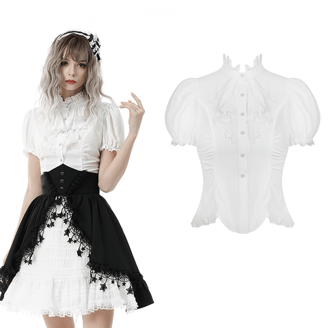 Victorian-Inspired White Blouse with Puff Sleeves and Lace.