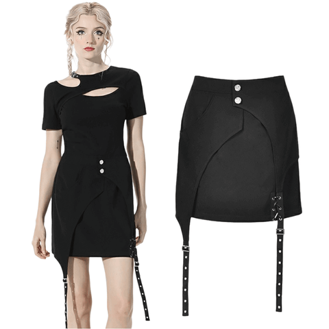 Stand Out in the Dark: Black Button Strap Mini Skirt.