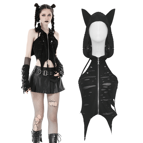 Punk Style Crop Top with Cat Ears and Hood.