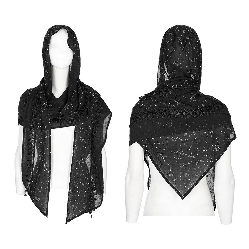 Celestial Hooded Scarf with Tassel Lace Details.