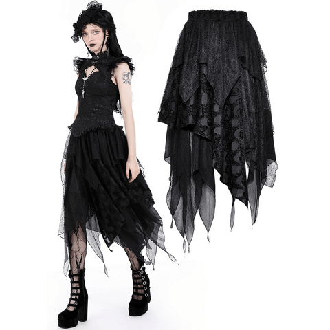 Elevate Your Goth Look with a Black Lace Asymmetrical Skirt.