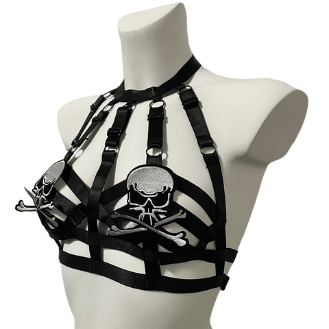 Women's Goth Bondage / Sexy Elastic Harness Bra with Skull Embroidery  Patches