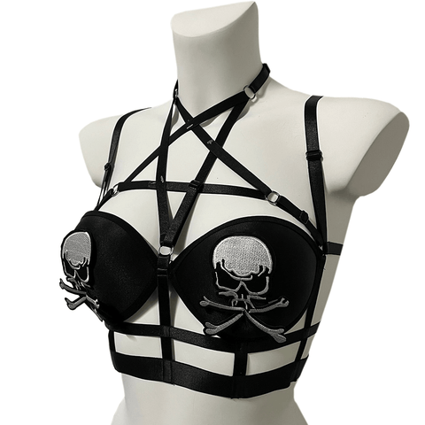 Women's Gothic Black Bra with Pentagram and Patch of Skulls