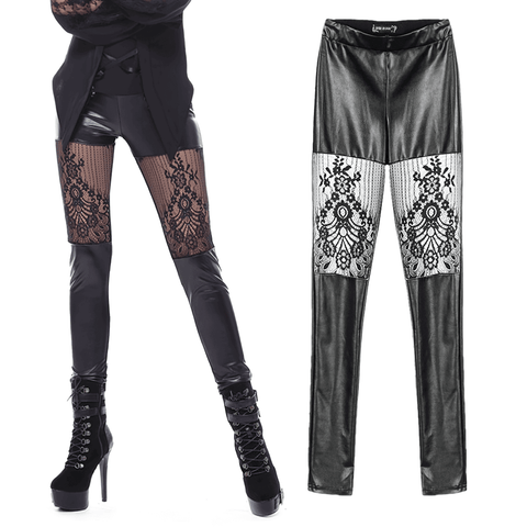 Sexy High-Waisted PU Leather Pants with Floral Lace Accents.