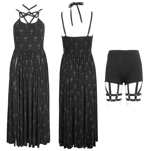 Dramatic Black Maxi Dress with Cross Detail and Shorts.