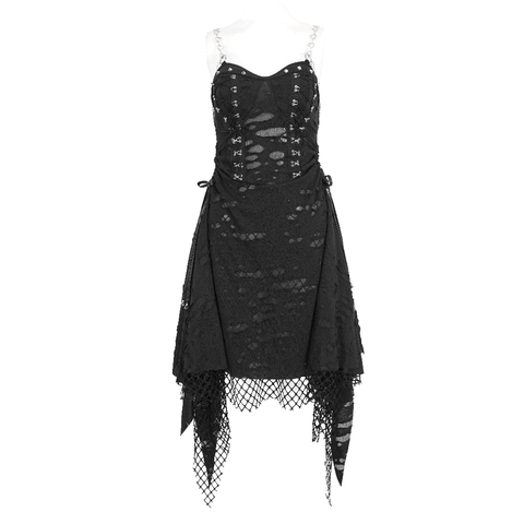 Dramatic Black Lace Dress with Asymmetry and Chains.